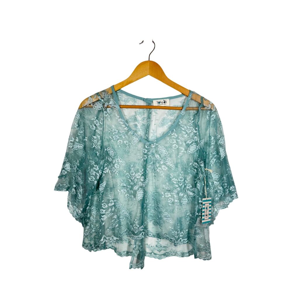 Tulip B Aqua Blue Sheer Lace Blouse Women's Medium Floral Mesh Boho Romantic NWT